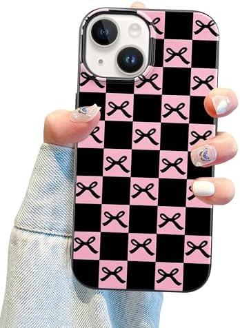 Jusy Compatible with iPhone 15 Case Cute Cool Checkerboard Checkered Bow Pattern with Pink Black Design for Girls Women Soft TPU Shockproof Protective for iPhone 15 - Checkered Bow