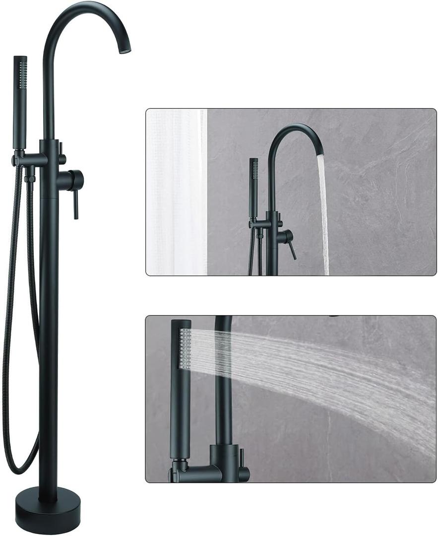 Free Standing Tub Faucet, Floor Mount Freestanding Tub Faucets, Brass Stand Alone Tub Filler, High Flow Bathtub Shower Mixer Tap, Matte Black