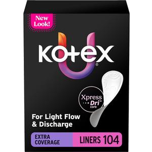 Kotex Flat Liners, Light Absorbency, Extra Coverage, 104 Count