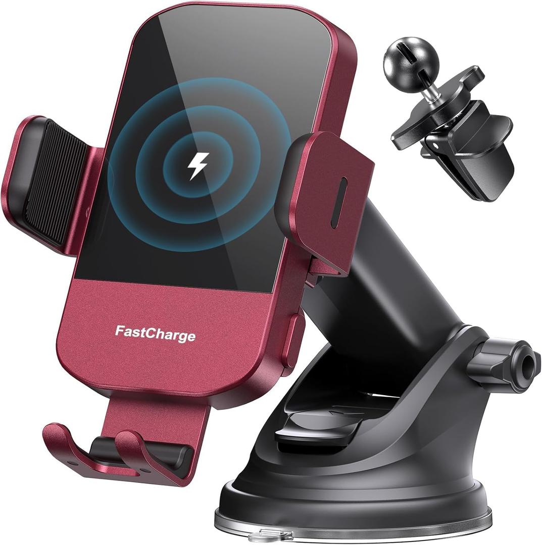 CHGeek Wireless Car Charger, 15W Fast Charging Auto Clamping Car Charger Phone Mount Phone Holder fit for iPhone 15 14 13 12 11 Pro Max Xs, Samsung Galaxy S24 Ultra S23 S22 S21, S20, S10+, Red