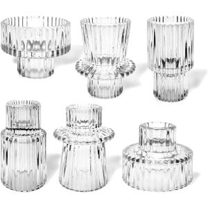Taper Candlestick Holder Ribbed Tealight Glass Candle Holders for Dinner Party Table Centerpieces Birthday Party Wedding Decor(6 Pcs,Clear)