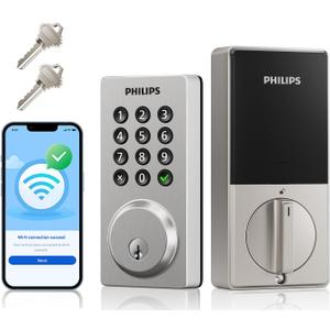 Philips WiFi Smart Keypad Deadbolt Lock, App Remote Control, No Hub Required, Support Alexa & Google Assistant, Keyless Entry Door Lock with Auto Lock, Digital Smart Locks for Front Door, Satin Nickel