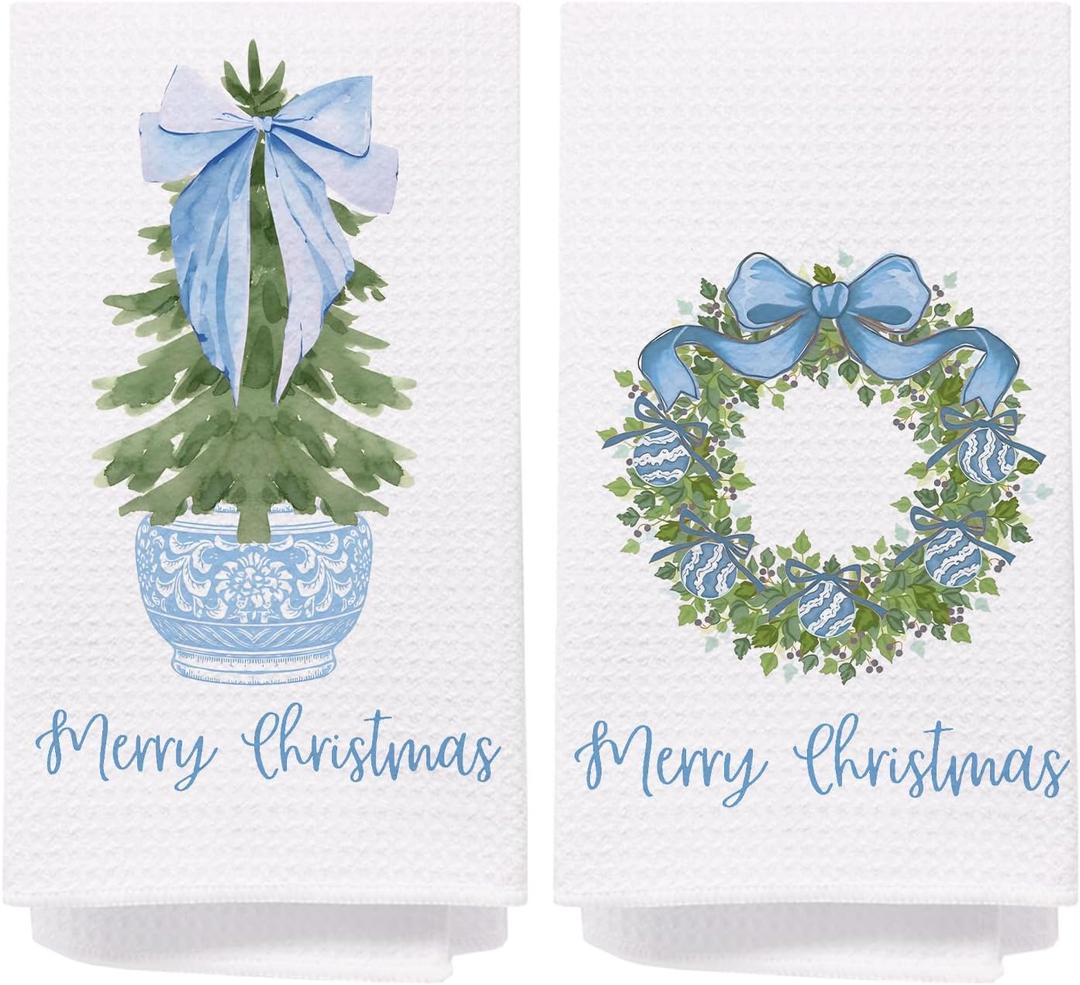 Chinoiserie Christmas Kitchen Towels,Light Blue Bow Coquette Christmas Tree Dish Towels for Kitchen Bathroom, Blue Christmas Hand Towels for Kitchen, Grandmillennial Decor,16x24 Inches Set of 2