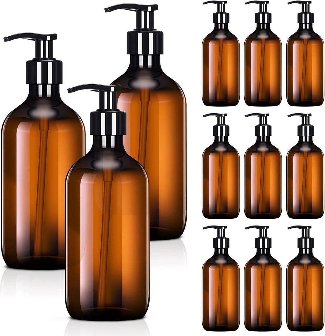 Tessco for you 12 Pack Amber Soap Dispenser Empty Plastic Pump Bottles Dispenser Refillable Shampoo Container for Hand Sanitizer Soap Lotion Body Wash Conditioner Bathroom Kitchen Travel(8.5 oz)