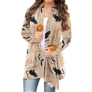 Women's Halloween Pumpkin Cat Print Knitting Cardigan Long Sleeve Open Front Knitted Sweater Outwear Coat Tops (Deep Gray (Medium, Beige)