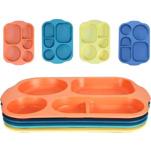 Unbreakable Divided Plates for Adults,4 Pack 14 Inch Reusable Portion Control Plate,5 Compartments Fast Food Tray for Kitchen Picnic,Dishwasher and Microwave Safe,Lightweight Plates for Daily Use