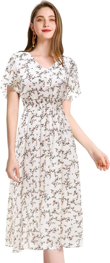 Gardenwed Chiffon Floral Dresses Summer Midi Wedding Guest Dress V Neck for Women Elastic Waist (Large, White Small Flower)