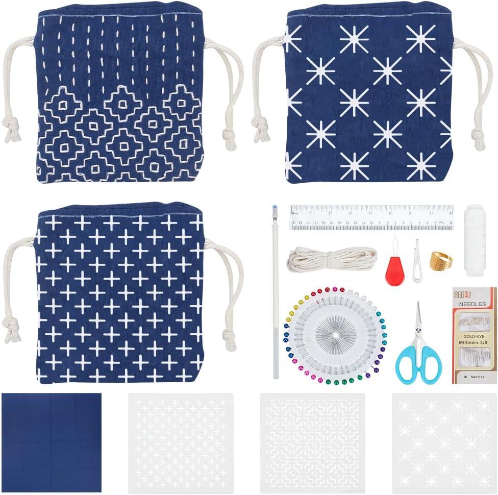 INFUNLY 3 Set Sashiko Drawstring Bag Kits Sashiko DIY Tote Bag Kit Flower Sashiko Fabric Kit for Beginners Make Your Own Tote Bag with Thread Needles Hand Sewing Set for Adults