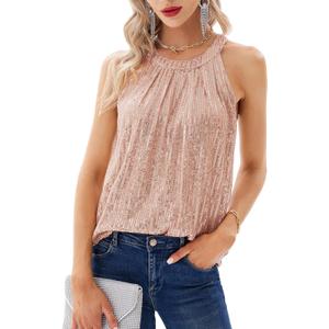GRACE KARIN Sequin Halter Tops for Women Sleeveless Sparkly Shiny Tank Tops Ruched Flowy Sparkly Club Outfits Party Shirt (Small, Rose Gold)