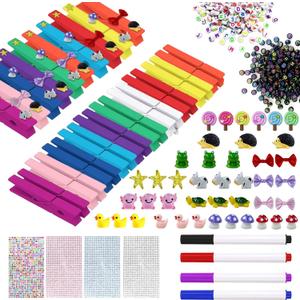 176 Set Cheer Pin Charms with 20 Colored Clothes Pins Wooden Cheer, 42 Mini Resin Animals and Self 4 Adhesive Stickers, 4 Pen, Cheerleaders Pins for Backpacks Ribbon Team Classroom Cheer Gifts Bulk