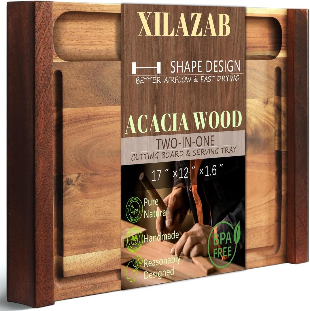 Acacia Wood Cutting Board 17x12 Inch Large Charcuterie Board with Juice Groove and Deep Recessed Well, Wooden Serving Tray with Side Handles