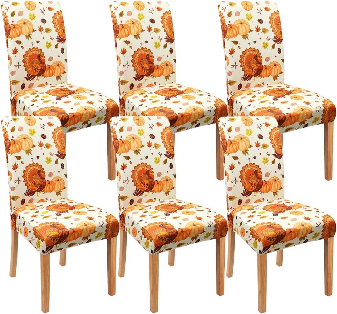 Fall Thanksgiving Chair Covers Covers Set of 6,Pumpkin Turkey Dining Chair Protectors, Elastic Removable Washable Dining Chair Covers for Fall Thanksgiving Kitchen Dining Room Holiday Decorations