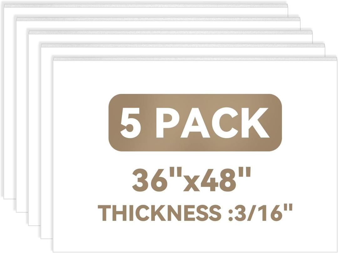 White Foam Board Sheets 36x48 Inches (3/16" Thickness), 5-Pack Foam Core Boards, Lightweight, Rigid, for Arts & Crafts, School Projects, Displays, and Presentations