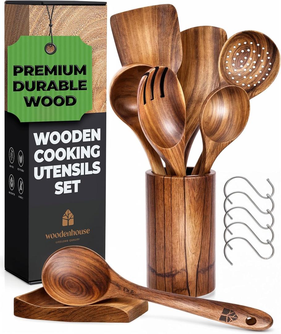 Wooden Spoons for Cooking, Wooden Cooking Utensils Set, Wooden Utensil Set with Holder, Spoon Rest & Hooks, Mother's Day Gift, 8-piece 