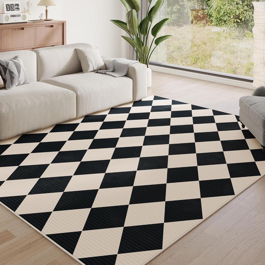 8x10 Washable Checkered Rugs for Bedroom, Black and Beige Area Rug for Living Room, Geometric Faux Wool Carpet for Kids, Girls, Boys Playroom, Dorm, Nursery, Dining Room, Kitchen, Non Slip