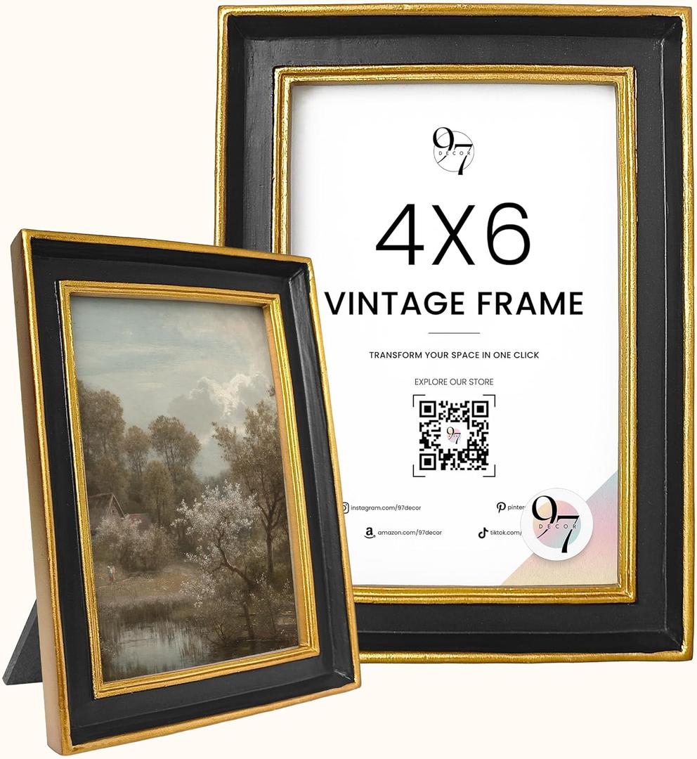 97 Decor Black and Gold Vintage Picture Frames 4x6, Hand-crafted Decorative Antique Frames 4x6 For Tabletop Or Wall Mount, Vintage Wall Decor