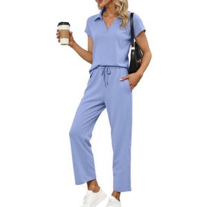 Glamaker Women Two Piece Loose Fit Outfit Summer Comfy Casual Short Sleeve Top Wide Leg Pants Set Travel Vacation Outfit(Blue, Large)