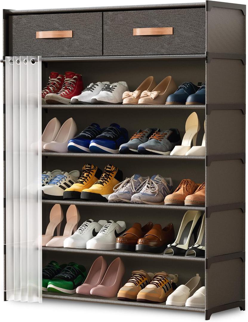 Cabbrix Shoe Rack with Covers & 2 Top Drawers, 7 Tier Shoe Storage Large Capacity Cabinet 28 Pair, Space Saving Vertical Shoe Storage Organizer for Closet, Entryway, Dorm, Bedroom