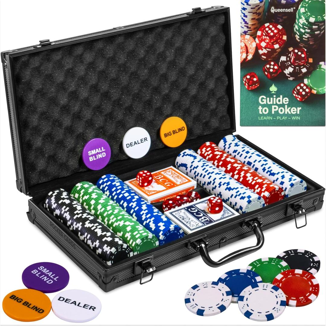 Queensell Poker Set with 300 Poker Chips 11.5 Gram for Texas Holdem  Professional Weight Poker Chips Set with 2 Decks Cards, Big Small Dealer Buttons, and Dices  Premium Poker in Aluminum Case