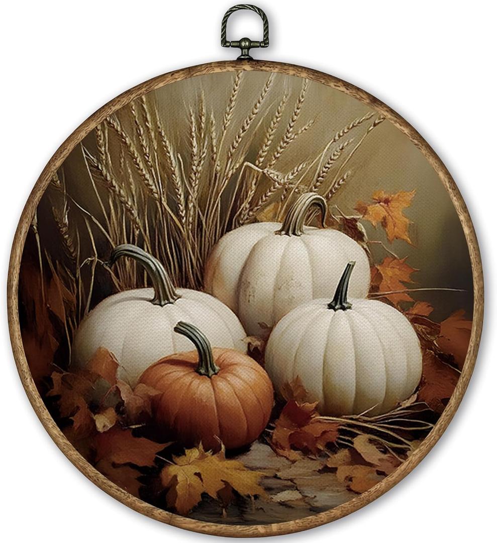 TLESKE Vintage Fall Pumpkins Round Wall Art Decor Framed 10x10, Autumn Rustic Farmhouse Canvas Wall Art Prints Artwork, Thanksgiving Wall Hanging Room Door Decor for Living Room Bedroom