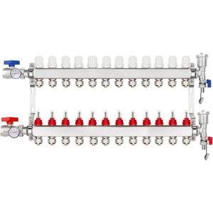 12-Branch PEX/Radiant Heat Manifold1/2" PEX Tubing Manifold,304 Stainless Steel Floor Heat Manifold Kit with 1/2" Adapters Included for Hydronic Radiant Floor Heating (12-Loop)