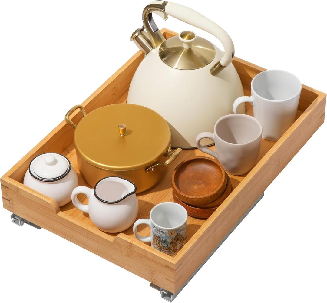 HOLDN STORAGE Bamboo Wooden Pull out Cabinet Organizer 14"W x 21"D Requires At Least a 15.25"W x 21"D Cabinet Opening, Bamboo Tray and Heavy Gauge Metal Rails