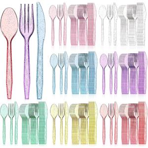 Zhehao 405 Pcs Hard Plastic Utensils Plastic Silverware Set Cutlery Set Disposable Flatware Dinnerware Forks 135 Spoons and Knives Birthday Wedding Party Dinner(Glitter,Rainbow Colors)