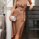 PRETTYGARDEN Women's Summer One Shoulder Ruched Satin Dress Sleeveless Wrap Spring Wedding Guest Cocktail Midi Dress (Brown, S)