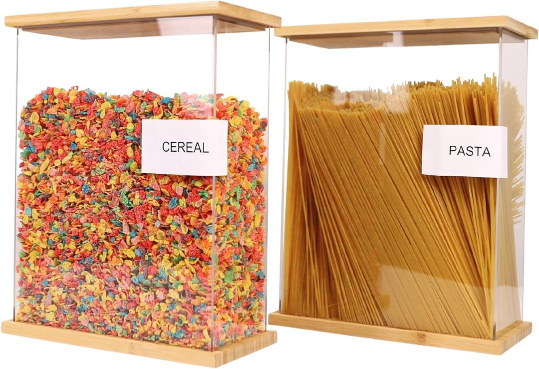 Airtight Bamboo Food Dispenser | Pantry Organizers and Storage Container | Cereal, Rice, Beans, Snack Storage (2 Pack)