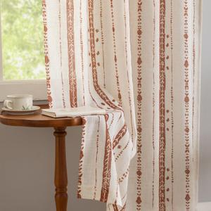 Terracotta Boho Curtains Cottage Core Fall Linen Textured Curtains for Living Room Light Filtering Geometric Curtain 96 Inches Long for Farmhouse Rustic, Each 52 Inch Wide, 2 Panels Set