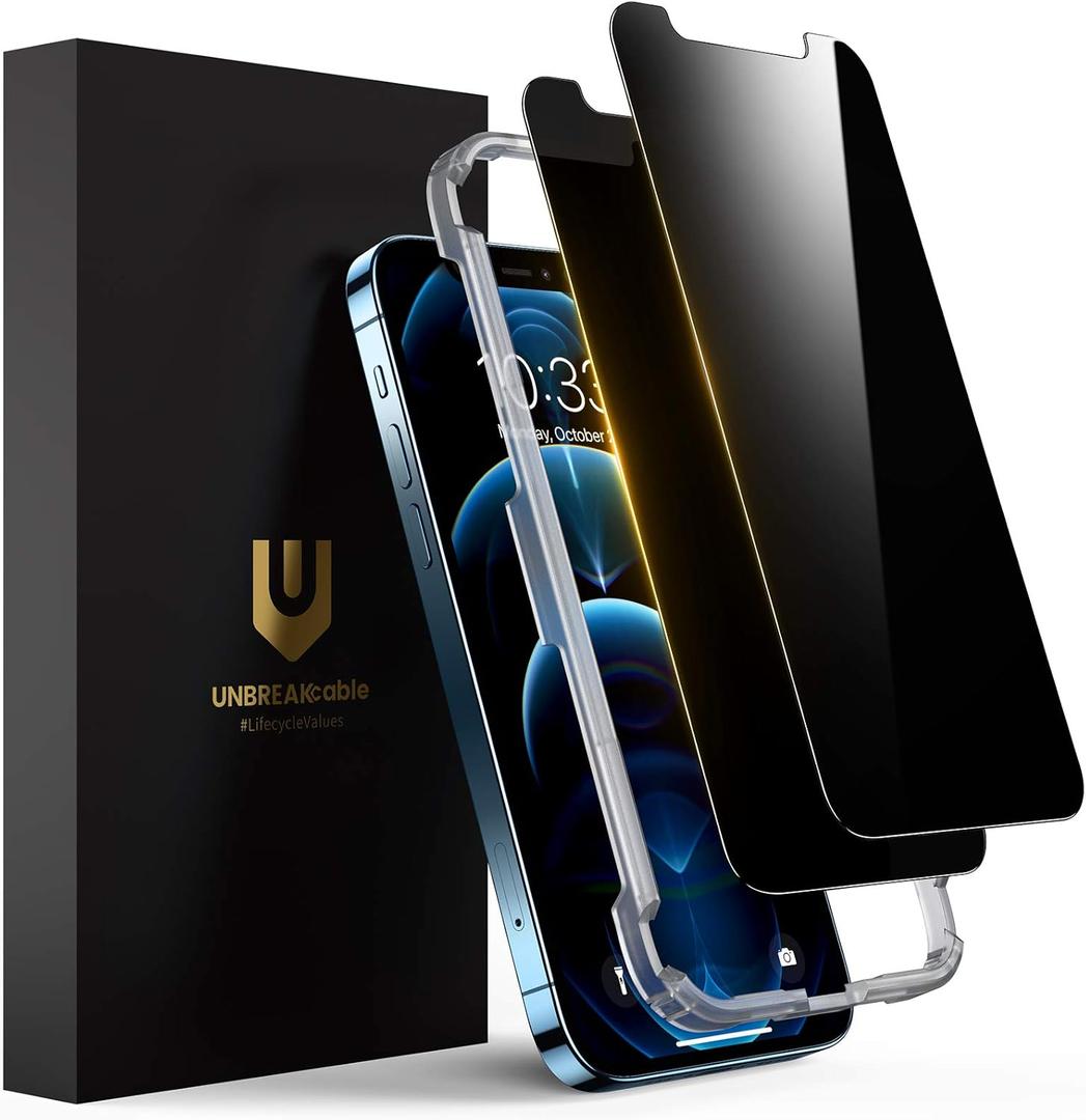 UNBREAKcable Privacy Screen Protector for iPhone 12/ iPhone 12 Pro, Shatterproof Tempered Glass [True 28Anti Spy] [9H Hardness] [Easy Installation Frame] Black Protector for iPhone 6.1" - 2 Pack