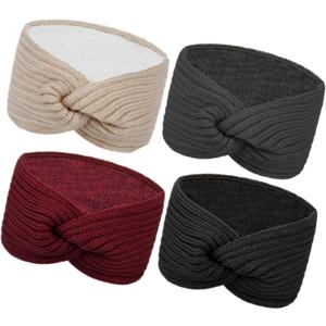 Chalier Warm Winter Headbands for Women Cable Crochet Turban Ear Warmer Headband with Plush (Beige/Black/Dark Gray/Red)