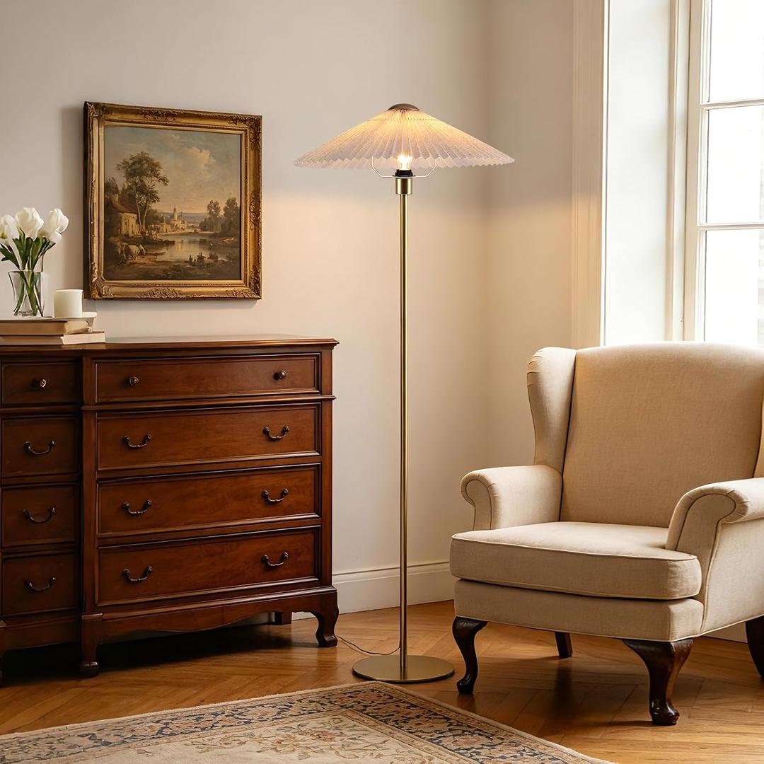 Pleated Fabric Floor Lamp with Warm Light for Living Room Bedroom Gold