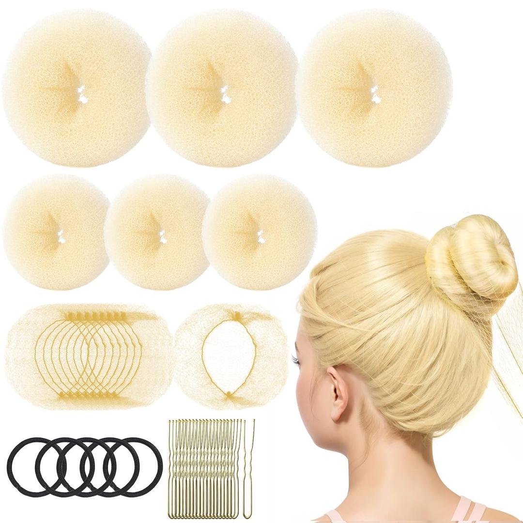 FANDAMEI 6 PCS Hair Bun Makers for Kids, 10 Invisible Bun Nets for Ballet Girls, 3PCS Extra Small 3PCS Small Donut Buns for Hair Kids, Bun Makers Hair Nets for Buns with 5 Elastics 20 Pins (Gold)