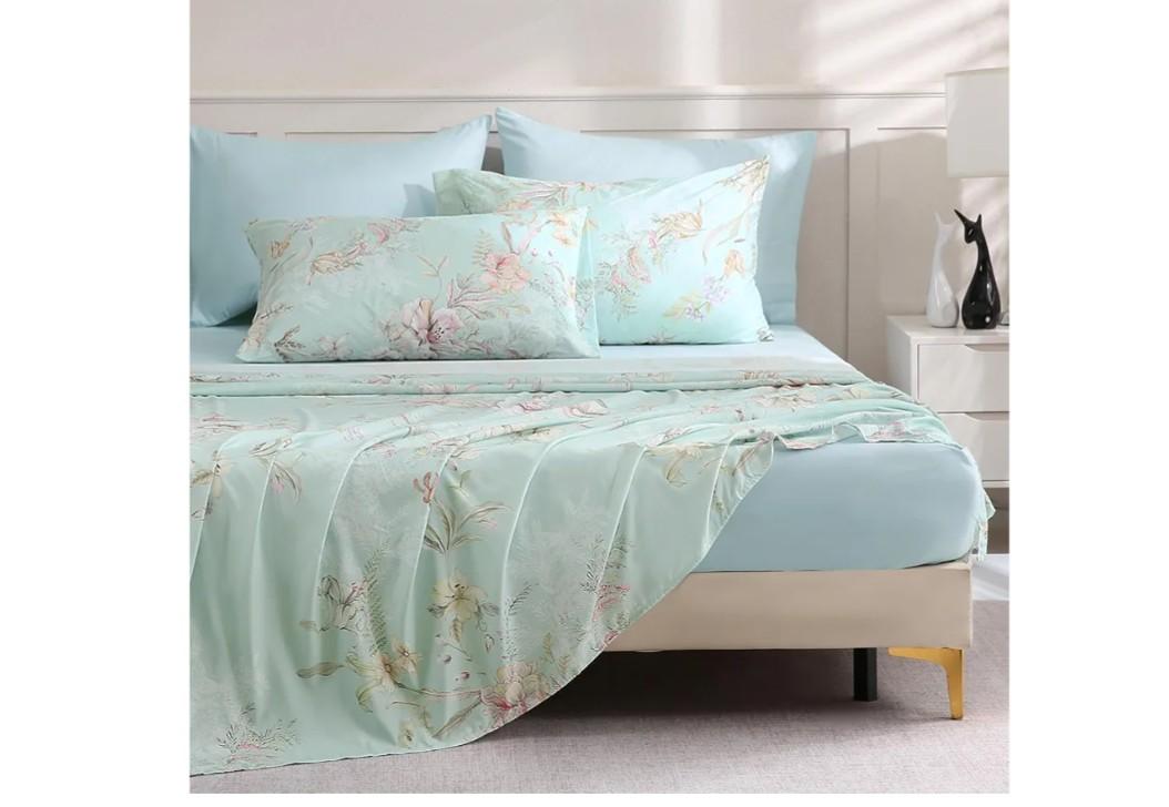 LONAVA Flower Queen Size 6 Pcs Sheet Set, Breathable Microfiber Deep Pocket Light Blue Fitted Sheets, Comfy & Breathable Patterned Flat Sheets,4 Gentle Soft Pillowcases, Mint Flower