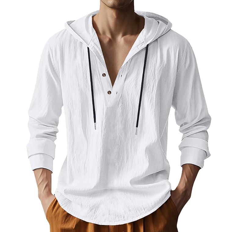TAFLE Men's Linen Hoodie Lightweight Hawaiian Shirt Casual Beach Shirt with Pockets White