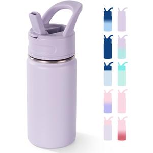 Fijinhom 12oz Kids Water Bottle for School, Toddler Bottles with Straws, Stainless Steel Vacuum Insulated Water Bottle for Boys&Girls, Leak-Proof, BPA-Free, Purple