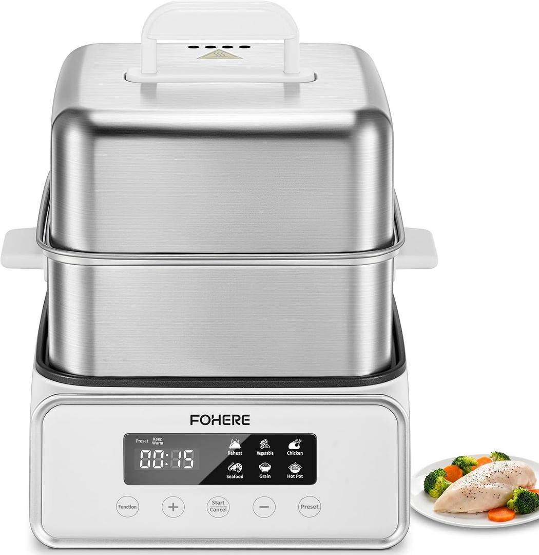 FOHERE Electric Food Steamer 1200W, 12.7QT Double Tier Stainless Steel Vegetable Steamer with Digital Timer, 8 Preset Menus for Fish, Meat, Rice, Shrimp, Keep Warm Function, Auto Shut-Off