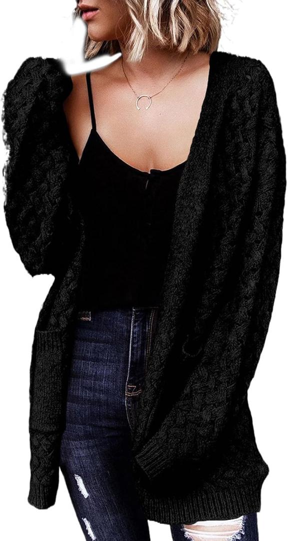 Dokotoo Women's 2024 Fashion Casual Open Front Long Sleeve Chunky Cable Knit Cardigans Sweaters Outerwear Coats with Pockets (Black), S