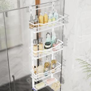 SWTYMIKI Over the Door Shower Caddy - 4 Tier Adjustable Shower Organizer Hanging with Soap Holder, No Drilling Stainless Steel Bathroom Rack Hanging for Body Wash, Shampoo, Soap, Razor, White