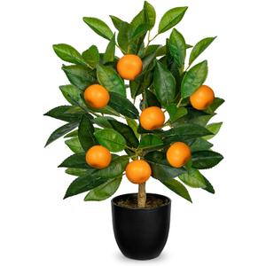 Artificial Potted Plants 15.7 inches Fake Orange Tree Artificial Citrus Fruit Plant with Black Pot Faux Plants Indoor for Home,Office, Living Room Table, Desk