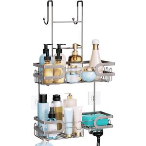 HapiRm Shower Caddy over Door- Hanging Shower Organizer with 14 Hooks and Soap Holder, Rustproof & Waterproof Stainless Steel Bathroom Shelf - Brushed Nickel