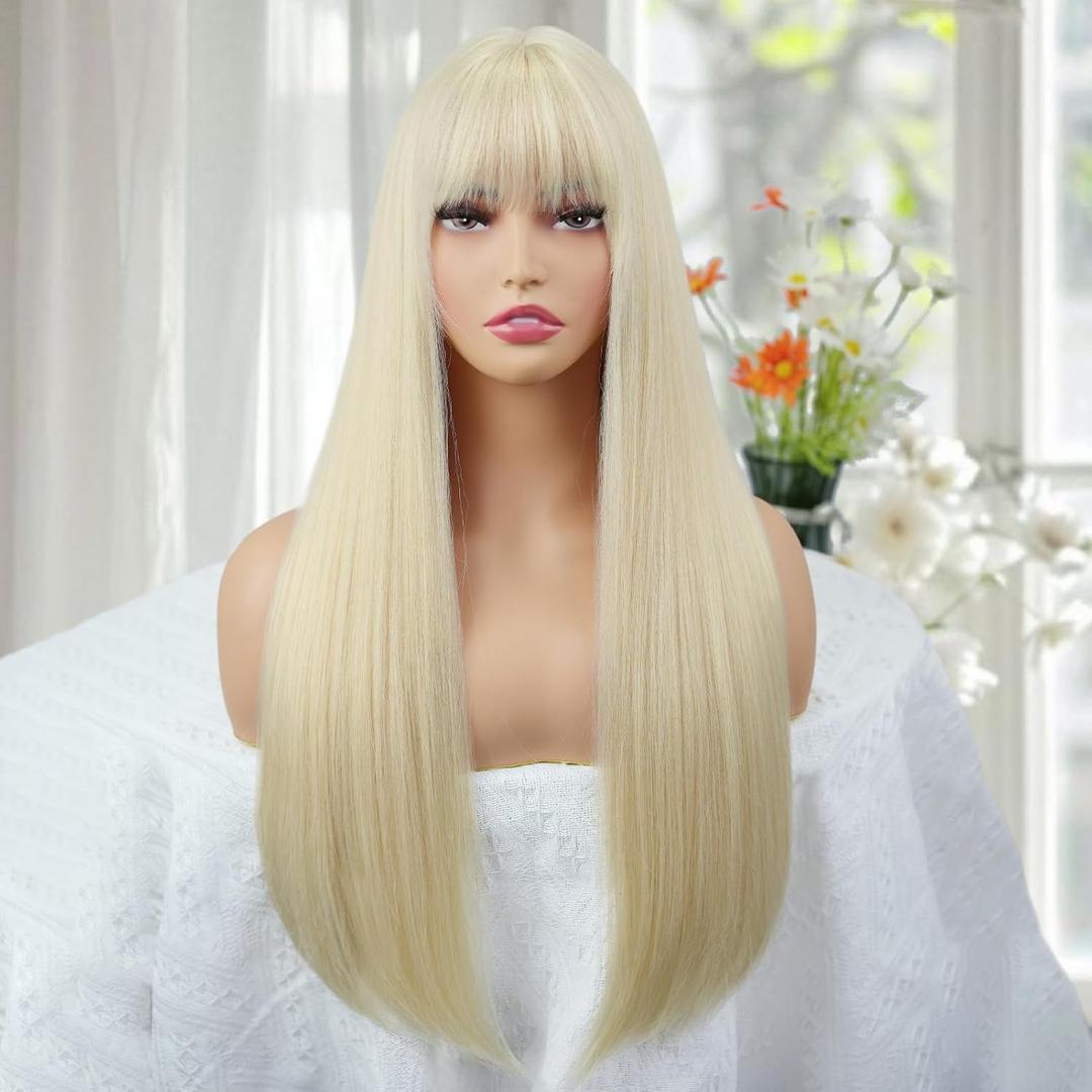 Long Blonde Wig with Bangs Straight Wigs for Women Matte Natural Hair Blond Wig Heat Resistant Synthetic wig for Girls Daily Party Cosplay Halloween Costume Use 24 Inch (Blonde)