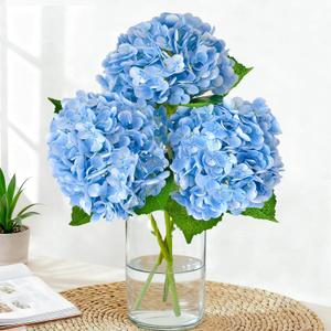 Real Touch Blue Hydrangea Artificial Flowers with Stems, Fake Silk Flowers for Outdoors, 3 Pcs Artificial Flowers for Home Decor Wedding Bouquets Centerpieces Vase