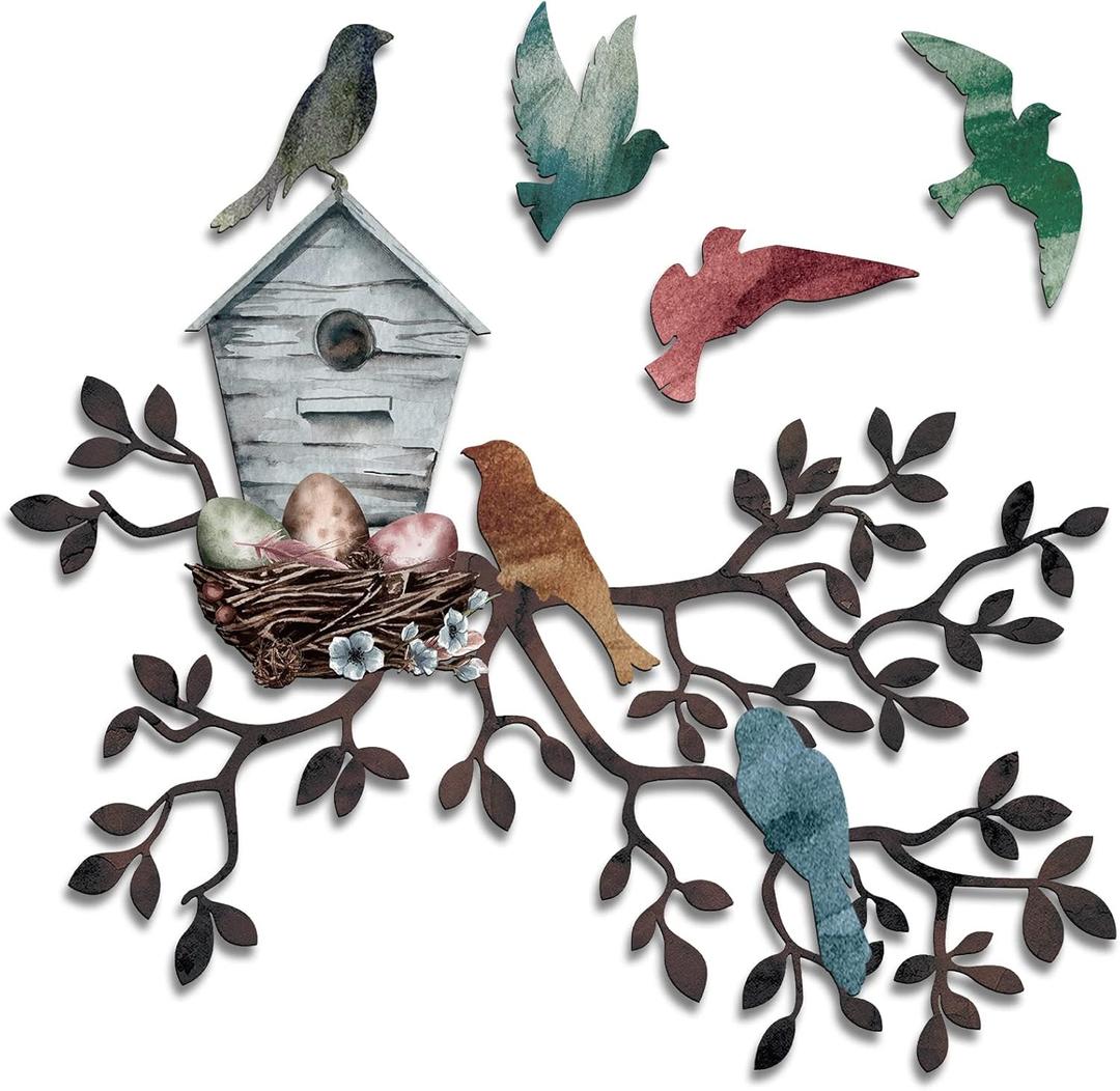Tatuo Metal Bird Wall Art Birds on The Branch Wall Decor Hanging Metal Sculpture Silhouette Tree with Birdhouse for Living Room Tree Leaf Decor for Indoor Outdoor Garden Bedroom Office Home Party