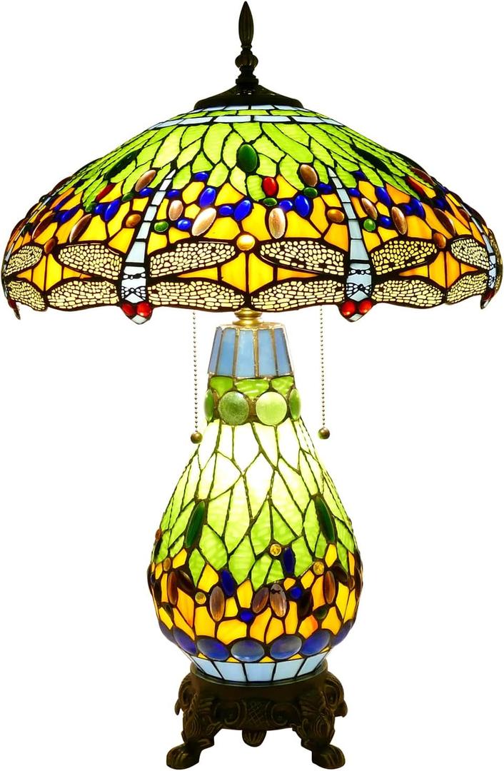 Tiffany Style Table Lamp Green Dragonfly Tiffany Lamp Handmade Stained Glass Lamp 18x18x27 Inches Desk Reading Light for Bedroom Living Room Home Office Decoration, LED Bulb Included