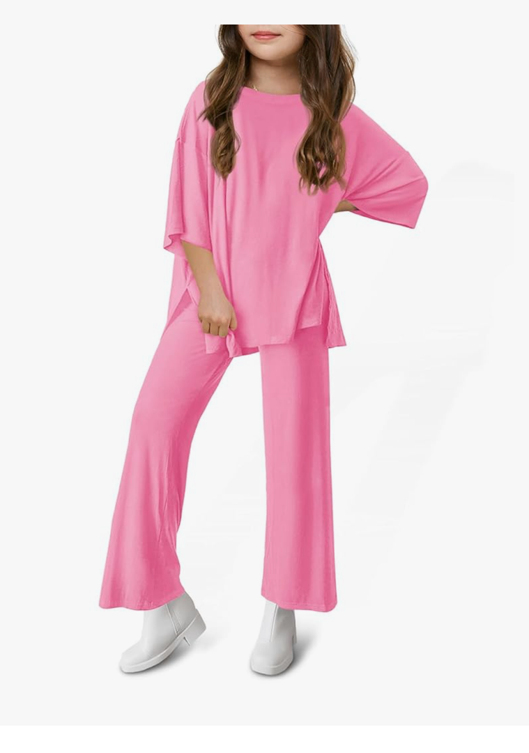 Haloumoning Girls Clothing Sets Summer Oversized T Shirts and Wide Leg Pants Kids Fashion 2 Piece Outfits 4-14 Years, Rose Red