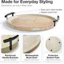 13" Round Decorative Wood Tray with Handles, Whitewashed Farmhouse Coffee Table Decor for Living Room, Entryway & Kitchen Island, Includes Bead Garland, Giftable Home Decor