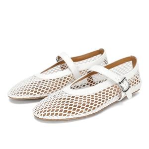 DOEYG Mesh Ballet Flats for Women Round Toe Mesh Flats Ballet Shoes Buckle Strap Mesh Mary Jane Flats Comfy Casual Office Summer Fishnet Ballerina Flats Shoes White 6