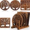 Beeveer 5 Pcs Life Tree Wooden Trivets with Storage Rack Hot Pads Trivets for Hot Dishes Pots and Pans Heat Resistant Mat Set Tea Pot Holders for Kitchen Dining Table(Dark Wood)